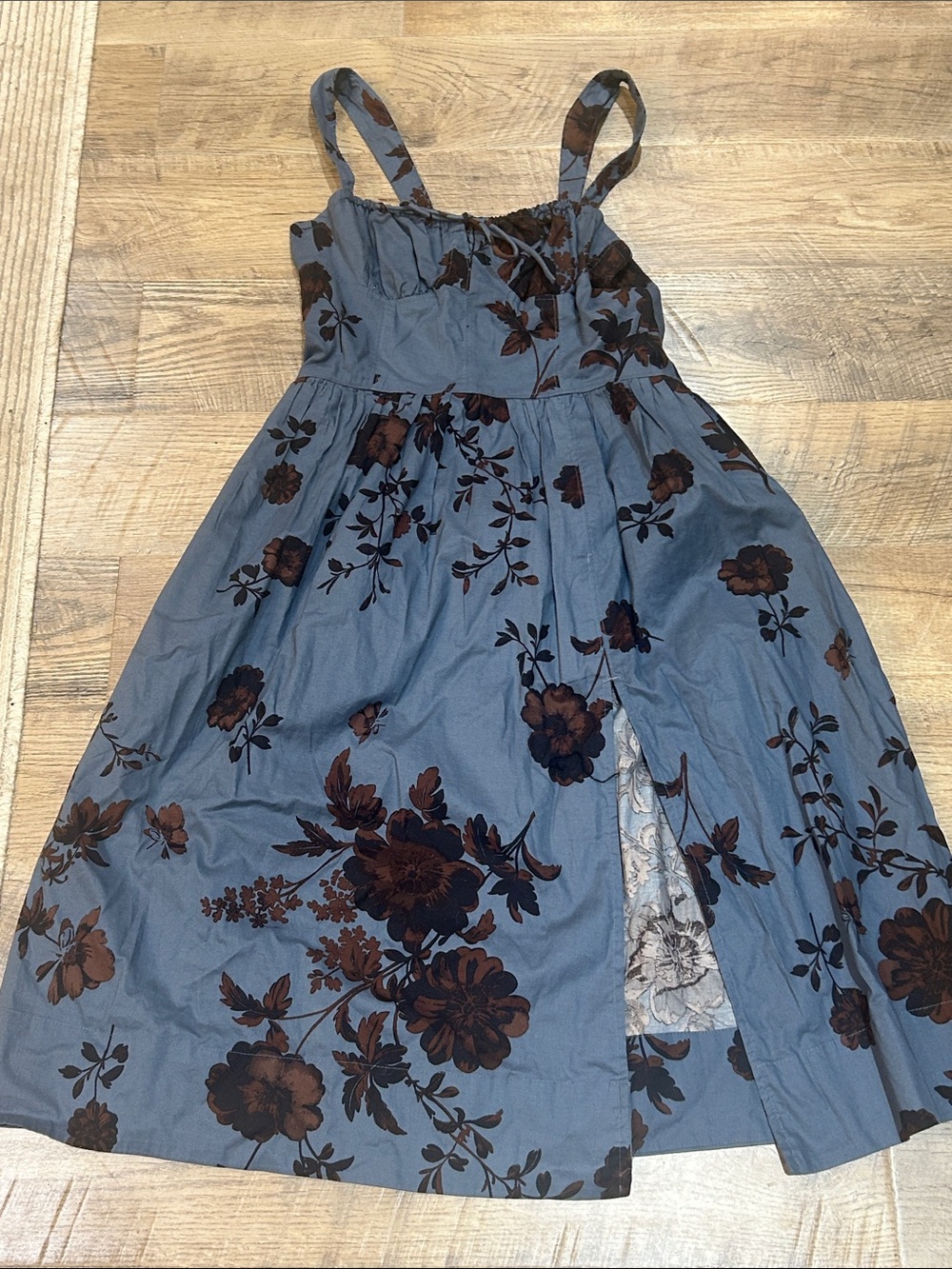 Free People Blue Midi Dress with Brown Floral Pattern